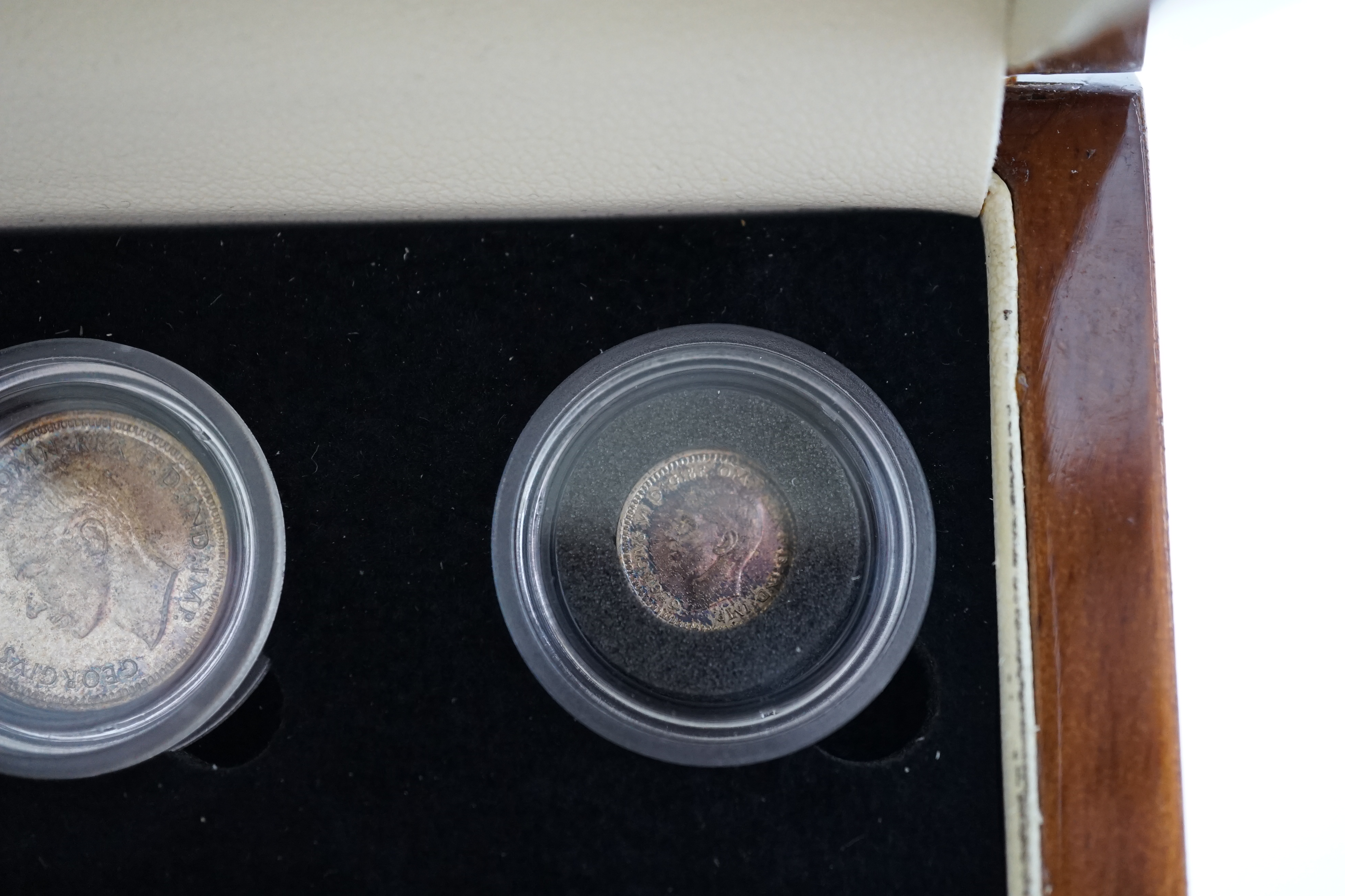 British silver coins, George VI four coin set of Maundy coins, 1939, toned UNC, in London mint case